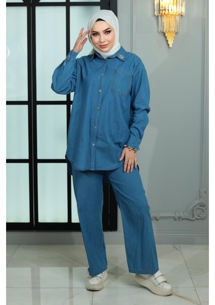 Yakası Taşlı Kot Takım Açık Mavi MSW19183