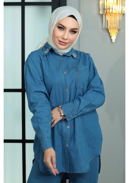 Yakası Taşlı Kot Takım Açık Mavi MSW19183 fiyatları