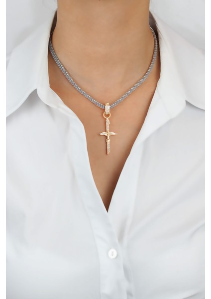 Baget Zirkon Taşlı Melek Kanatlı Gold Uçlu Kolye