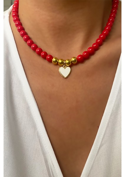Kalp Uçlu Kırmızı Cam Boncuk Kolye