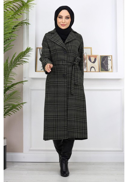 Ekoseli Şanel Kaşe Kaban Haki 19137