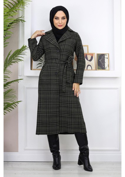 Ekoseli Şanel Kaşe Kaban Haki 19137 modelleri