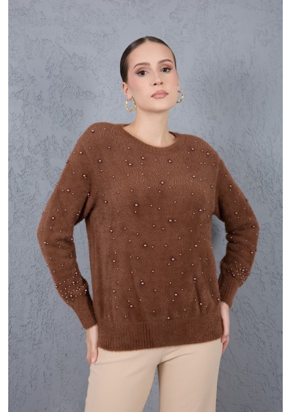 Kadın Kahve Sakal Iplik Inci Detaylı Bisiklet Yaka Triko Kazak
