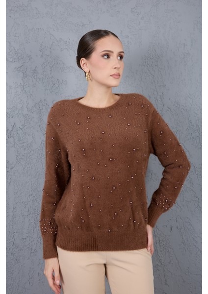 Kadın Kahve Sakal Iplik Inci Detaylı Bisiklet Yaka Triko Kazak fiyatları