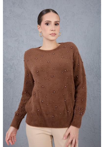 Kadın Kahve Sakal Iplik Inci Detaylı Bisiklet Yaka Triko Kazak modelleri
