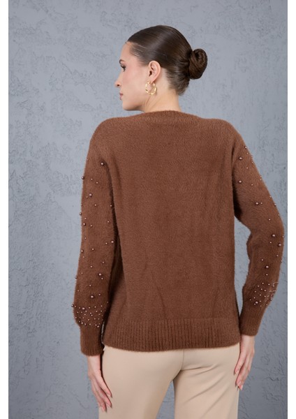Kadın Kahve Sakal Iplik Inci Detaylı Bisiklet Yaka Triko Kazak fırsatları