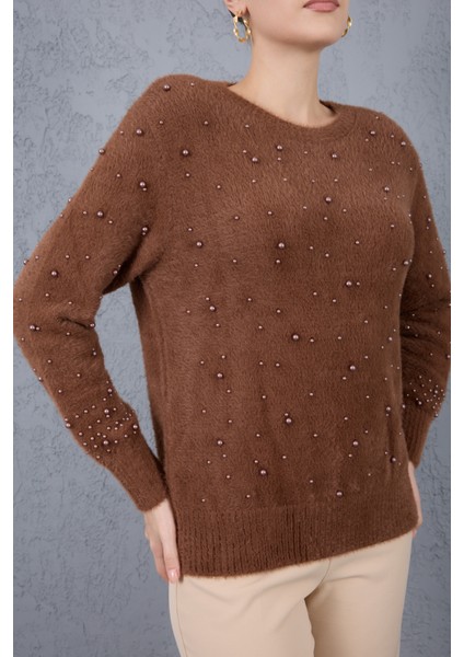 Kadın Kahve Sakal Iplik Inci Detaylı Bisiklet Yaka Triko Kazak indirimleri
