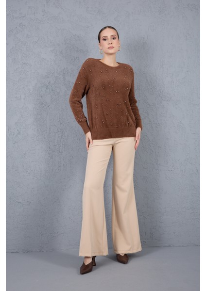 Kadın Kahve Sakal Iplik Inci Detaylı Bisiklet Yaka Triko Kazak