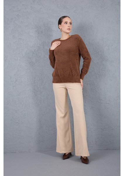 Kadın Kahve Sakal Iplik Inci Detaylı Bisiklet Yaka Triko Kazak