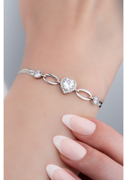 925 Ayar Gümüş Rodyumlu Zirkon Taşlı Beyaz Kalp Bileklik fırsatları