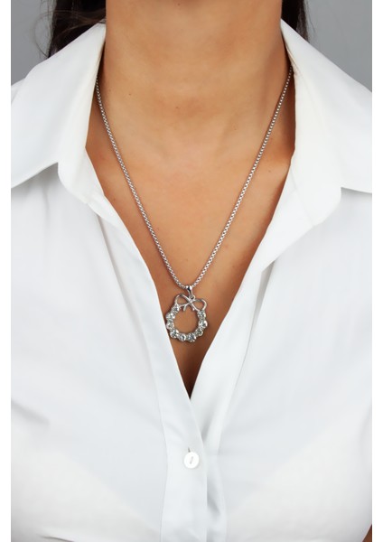 Zirkon Taş Uçlu Gümüş Renk Çelik Kolye