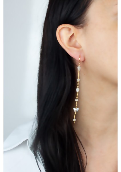 Kristal Taşlı Gold Ince Zincir Küpe