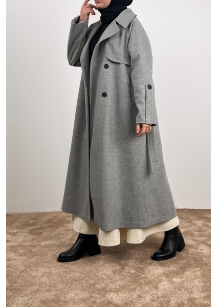 Rüzgarlıklı Kruvaze Kaban - Gri