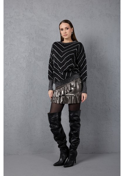 Kadın Siyah Geniş Manşetli Bisiklet Yaka Sim Desenli Triko Bluz