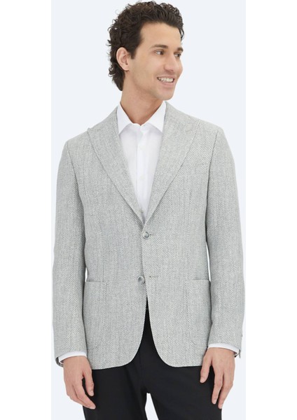 Gri Desenli Modern Fit Keten Karışımlı Ceket