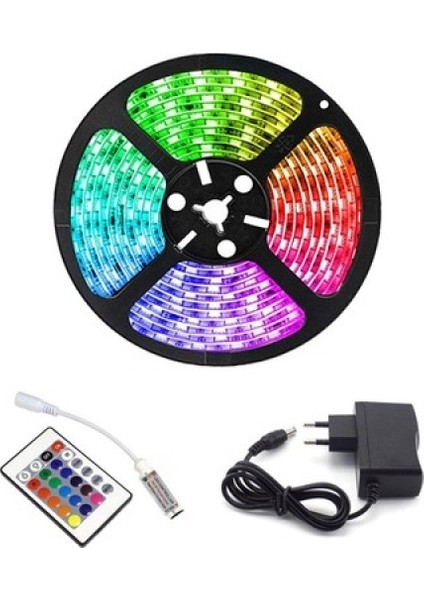 Rgb Şerit 5 Metre 16 Renkli Kumandalı Adaptörlü Çift Taraflı Bant