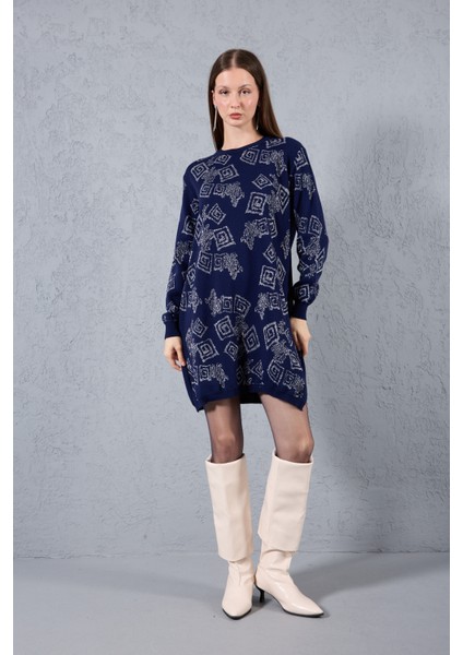 Kadın Koyu Laci Yan Yırtmaçlı Bisiklet Yaka Sim Desenli Triko Bluz