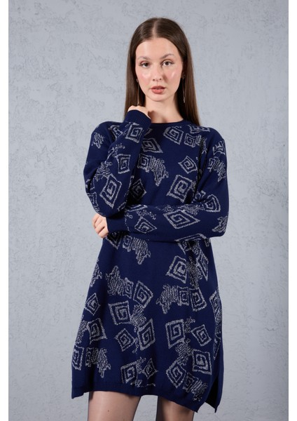 Kadın Koyu Laci Yan Yırtmaçlı Bisiklet Yaka Sim Desenli Triko Bluz fiyatları