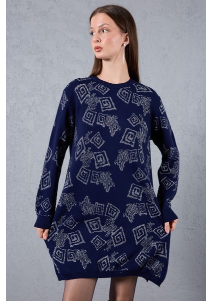 Kadın Koyu Laci Yan Yırtmaçlı Bisiklet Yaka Sim Desenli Triko Bluz modelleri