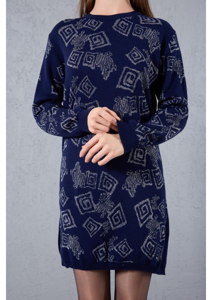 Kadın Koyu Laci Yan Yırtmaçlı Bisiklet Yaka Sim Desenli Triko Bluz fırsatları