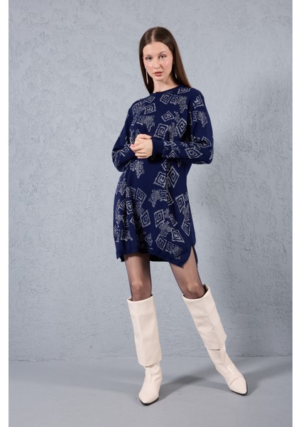 Kadın Koyu Laci Yan Yırtmaçlı Bisiklet Yaka Sim Desenli Triko Bluz indirimleri