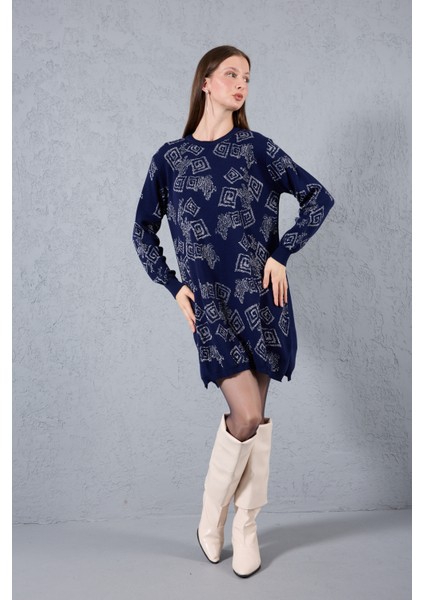 Kadın Koyu Laci Yan Yırtmaçlı Bisiklet Yaka Sim Desenli Triko Bluz