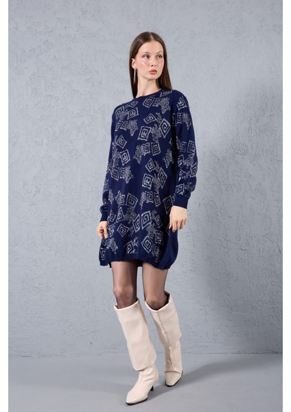 Kadın Koyu Laci Yan Yırtmaçlı Bisiklet Yaka Sim Desenli Triko Bluz