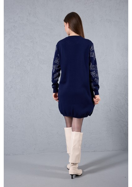 Kadın Koyu Laci Yan Yırtmaçlı Bisiklet Yaka Sim Desenli Triko Bluz