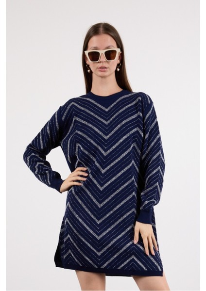 Kadın Koyu Laci Yan Yırtmaçlı Bisiklet Yaka Sim Desenli Triko Bluz