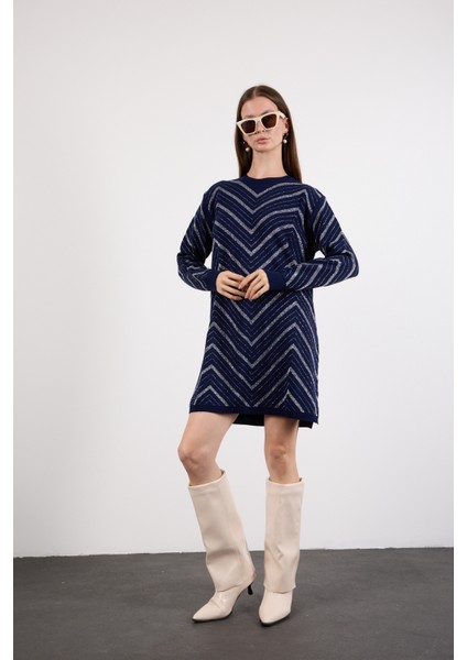 Kadın Koyu Laci Yan Yırtmaçlı Bisiklet Yaka Sim Desenli Triko Bluz indirimleri