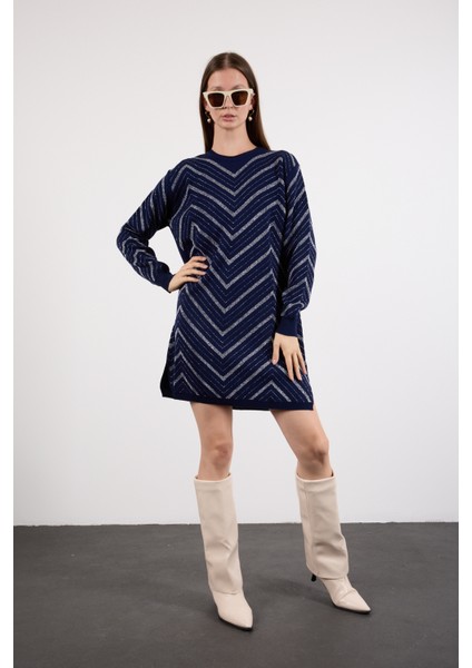 Kadın Koyu Laci Yan Yırtmaçlı Bisiklet Yaka Sim Desenli Triko Bluz