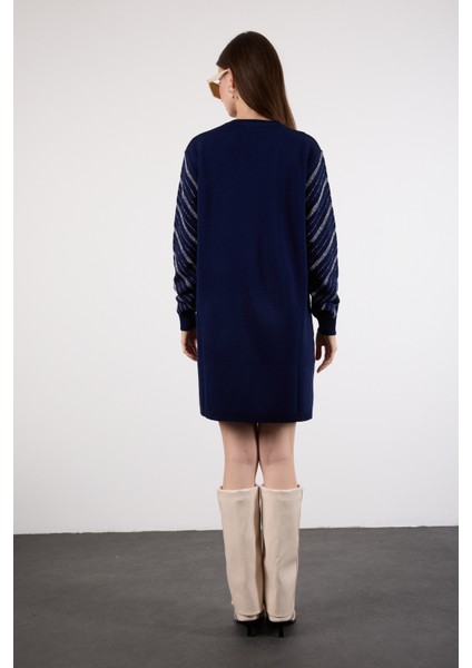 Kadın Koyu Laci Yan Yırtmaçlı Bisiklet Yaka Sim Desenli Triko Bluz