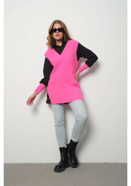 Fitilli Triko Süveterli Gömlek Ikili Kombin