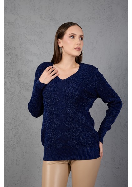 Kadın Koyu Laci Simli Selanik Örgü Baklava Desenli Geniş Manşetli V Yaka Triko Kazak