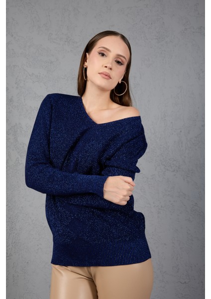 Kadın Koyu Laci Simli Selanik Örgü Baklava Desenli Geniş Manşetli V Yaka Triko Kazak fiyatları