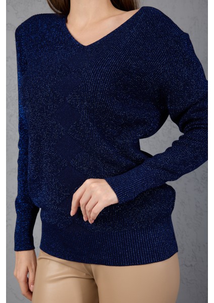 Kadın Koyu Laci Simli Selanik Örgü Baklava Desenli Geniş Manşetli V Yaka Triko Kazak modelleri