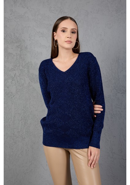 Kadın Koyu Laci Simli Selanik Örgü Baklava Desenli Geniş Manşetli V Yaka Triko Kazak fırsatları