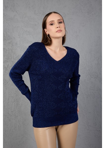 Kadın Koyu Laci Simli Selanik Örgü Baklava Desenli Geniş Manşetli V Yaka Triko Kazak indirimleri