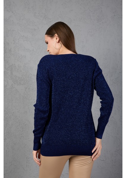 Kadın Koyu Laci Simli Selanik Örgü Baklava Desenli Geniş Manşetli V Yaka Triko Kazak