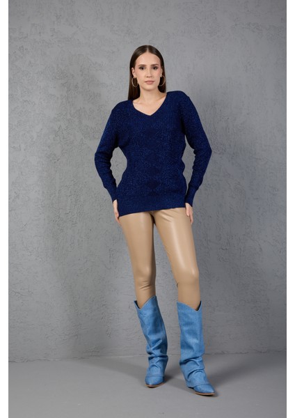 Kadın Koyu Laci Simli Selanik Örgü Baklava Desenli Geniş Manşetli V Yaka Triko Kazak