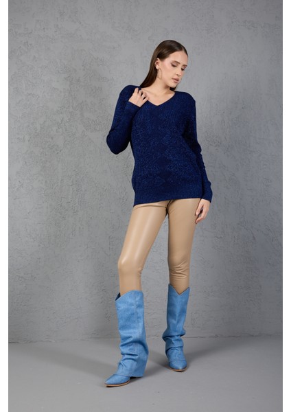 Kadın Koyu Laci Simli Selanik Örgü Baklava Desenli Geniş Manşetli V Yaka Triko Kazak