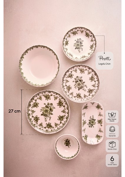 Antik Yeşil 27 Parça 6 Kişilik Seramik Yemek Takımı Vintage Çiçek Desenli Yuvarlak Servis Seti