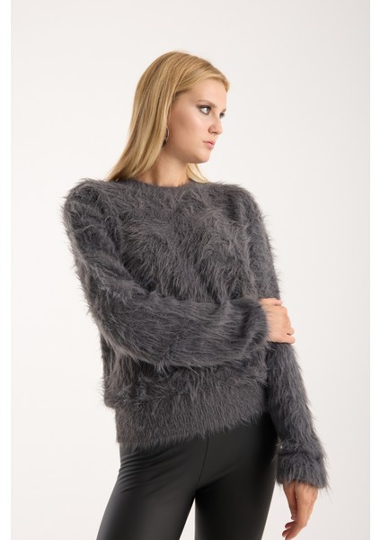 Kadın Füme Sakal Iplik Bisiklet Yaka Triko Kazak