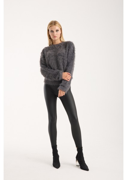 Kadın Füme Sakal Iplik Bisiklet Yaka Triko Kazak