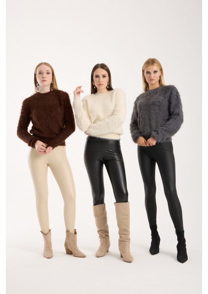 Kadın Füme Sakal Iplik Bisiklet Yaka Triko Kazak