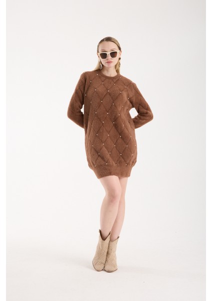 Kadın Taba Sakal Iplik Taş Detaylı Bisiklet Yaka Triko Kazak modelleri