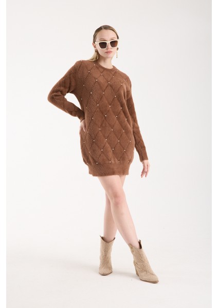 Kadın Taba Sakal Iplik Taş Detaylı Bisiklet Yaka Triko Kazak fırsatları