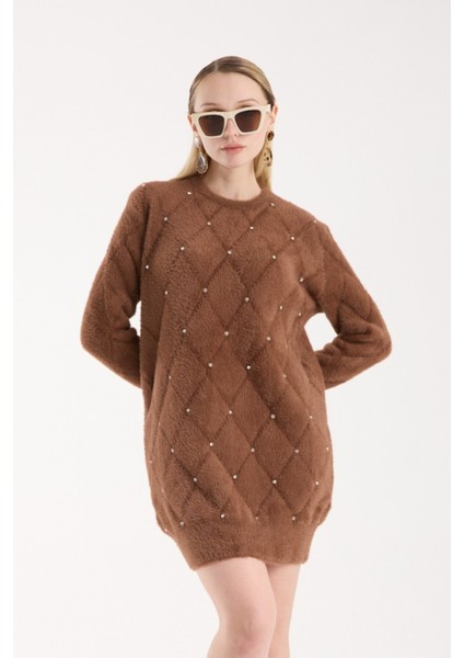 Kadın Taba Sakal Iplik Taş Detaylı Bisiklet Yaka Triko Kazak