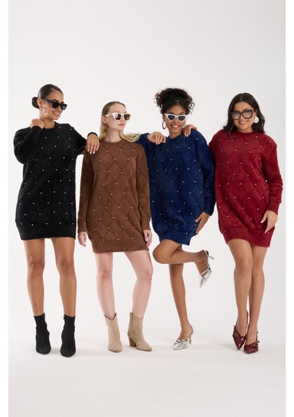 Kadın Taba Sakal Iplik Taş Detaylı Bisiklet Yaka Triko Kazak