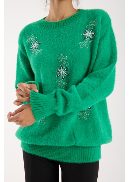 Kadın Yeşil Sakal Iplik Boncuk Nakışlı Bisiklet Yaka Triko Kazak modelleri